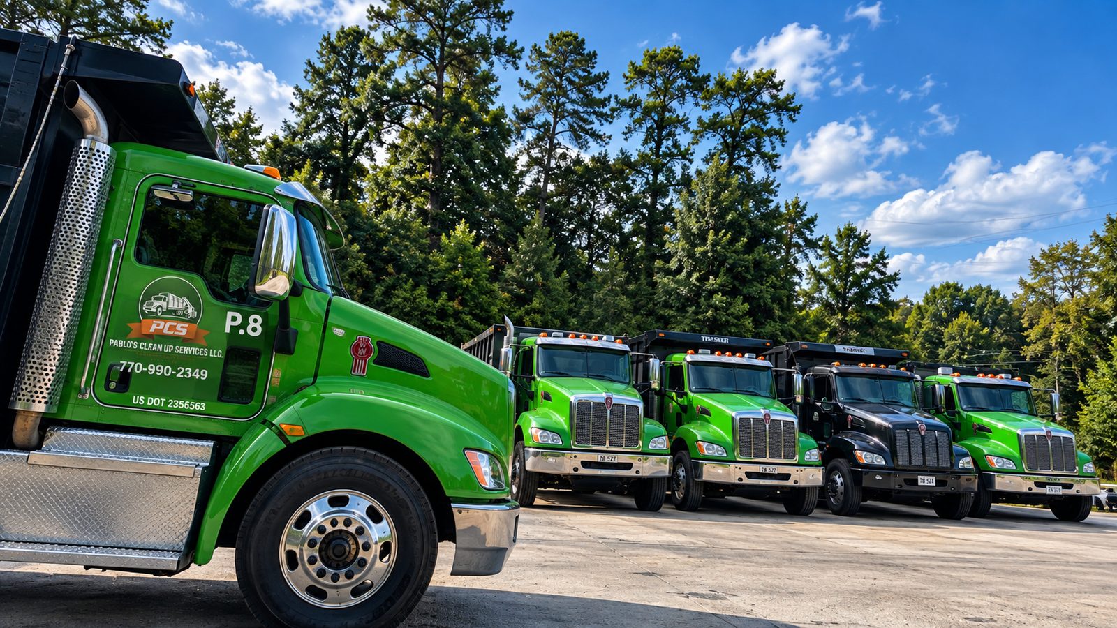 Flota de camiones volquete de Pablo's Clean Up Services estacionados y listos para trabajos de retiro de escombros de construcción
