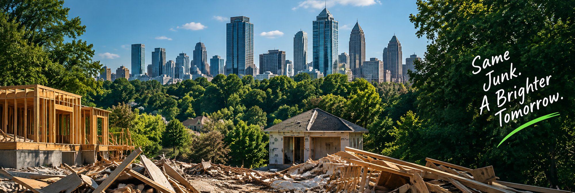 Construcción residencial nueva con el horizonte de Atlanta, Georgia de fondo, con el mensaje "Same Junk. A Brighter Tomorrow." a la derecha