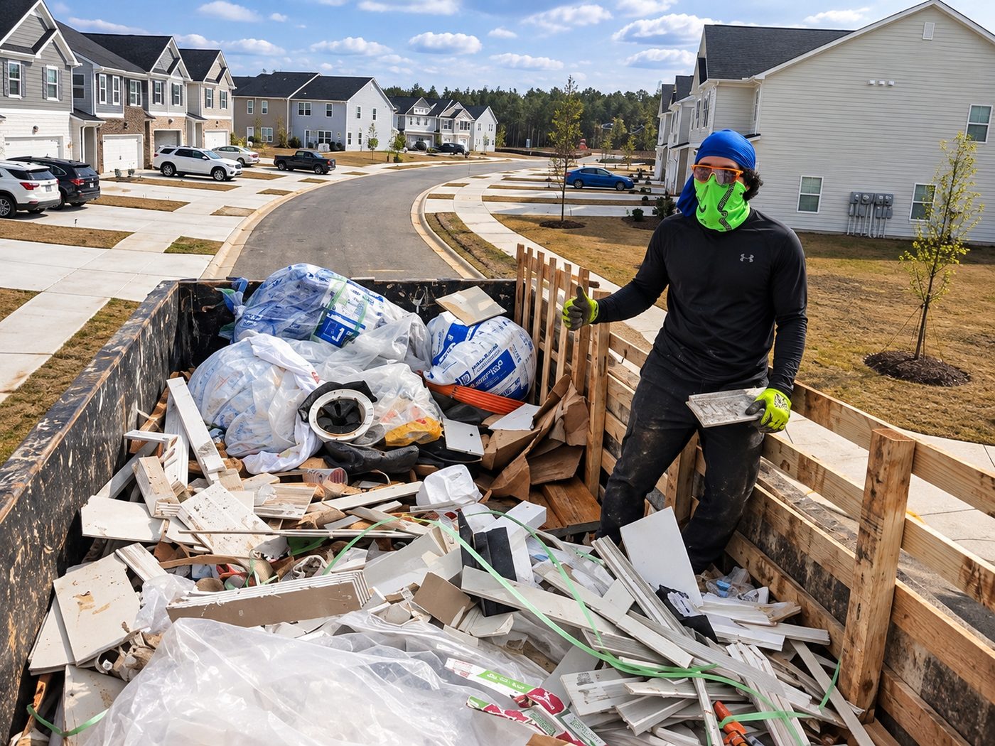 Worker standing in a construction debris container filled with renovation waste in a residential neighborhood