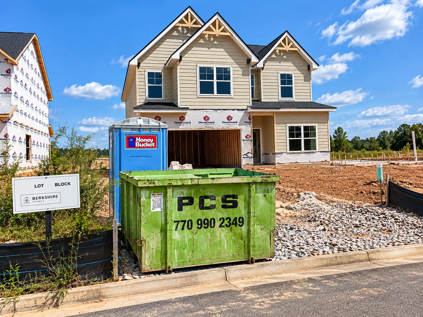 Pablo's Clean Up Services container at a new home construction lot