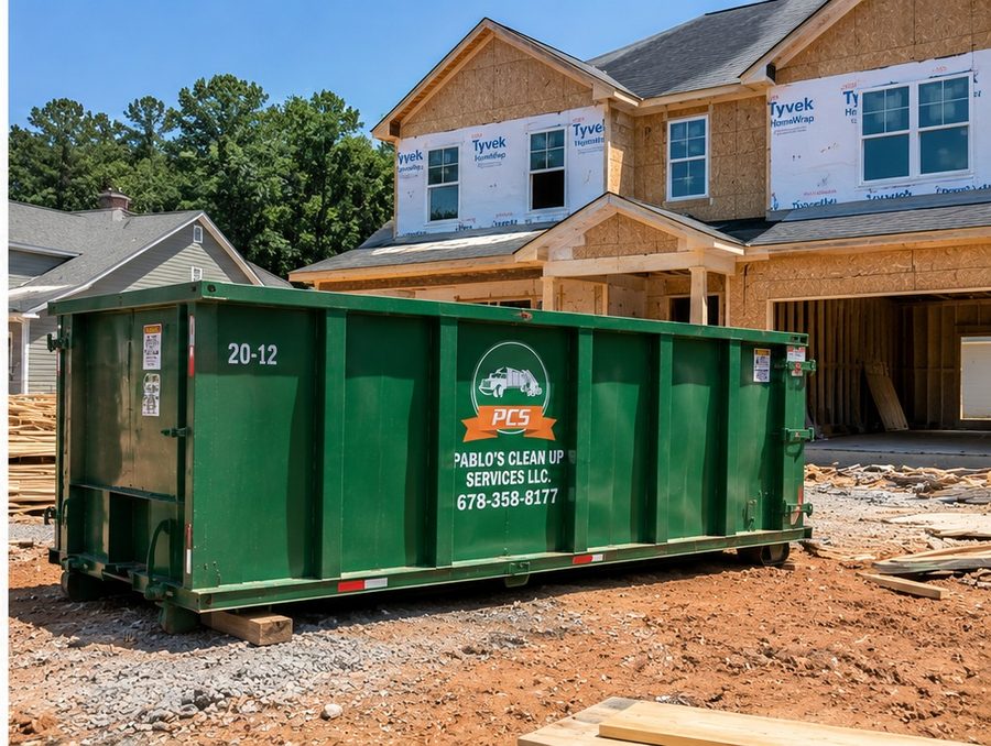 Container placed in front of a newly framed house under construction