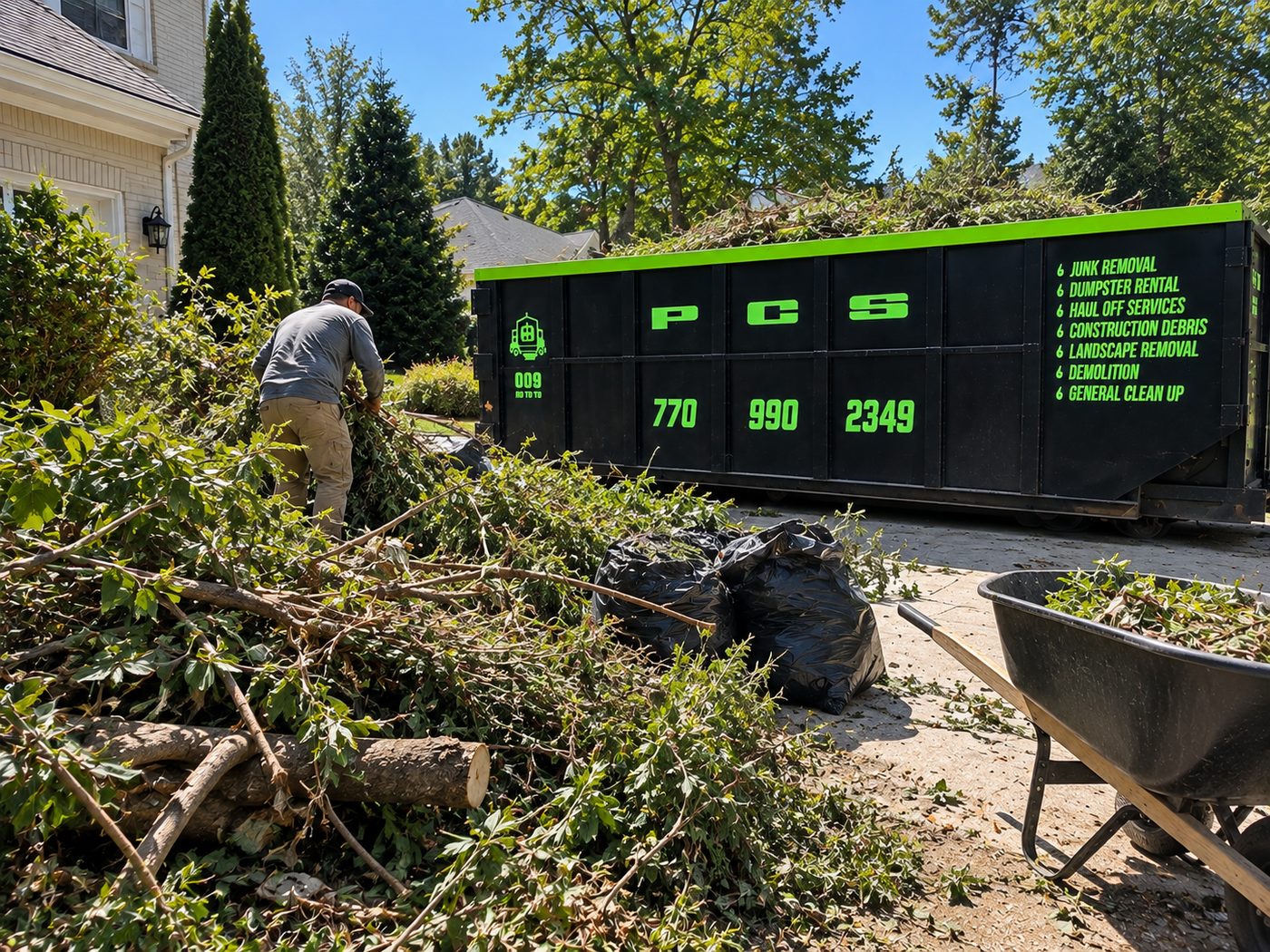 Worker loading yard waste and branches into a Pablo's Clean Up Services container