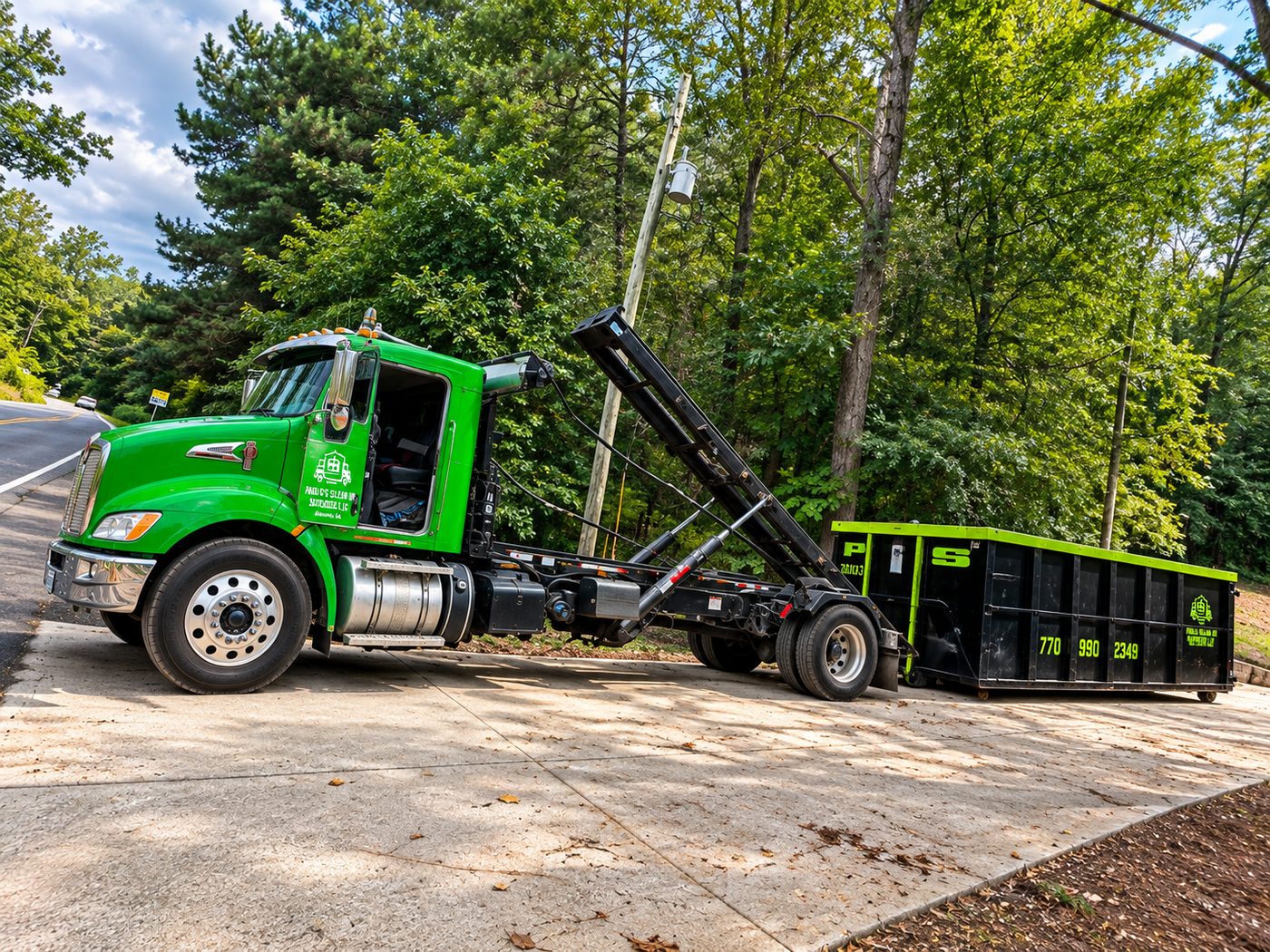 Pablo's Clean Up Services roll-off truck delivering a container with its hydraulic hoist